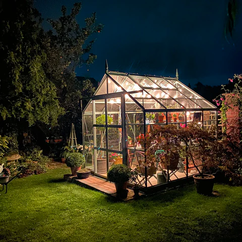 Outdoor solar lights in a greenhouse