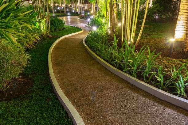 Curving pathway illuminated by outdoor solar lights at night.