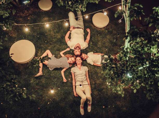 Family enjoying backyard with outdoor solar lights strung above.