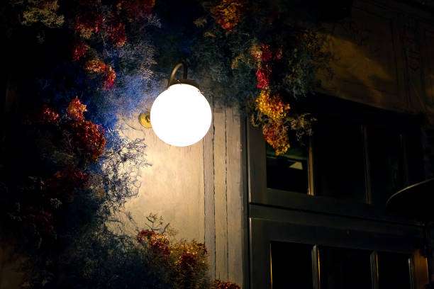 Bright spherical Wall Light surrounded by vibrant artificial foliage on a building facade.
