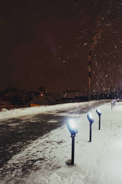Snowy pathway with multiple outdoor solar lights casting light.