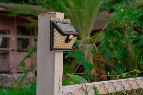 Solar LED wall light with motion sensor on a white post, green background.